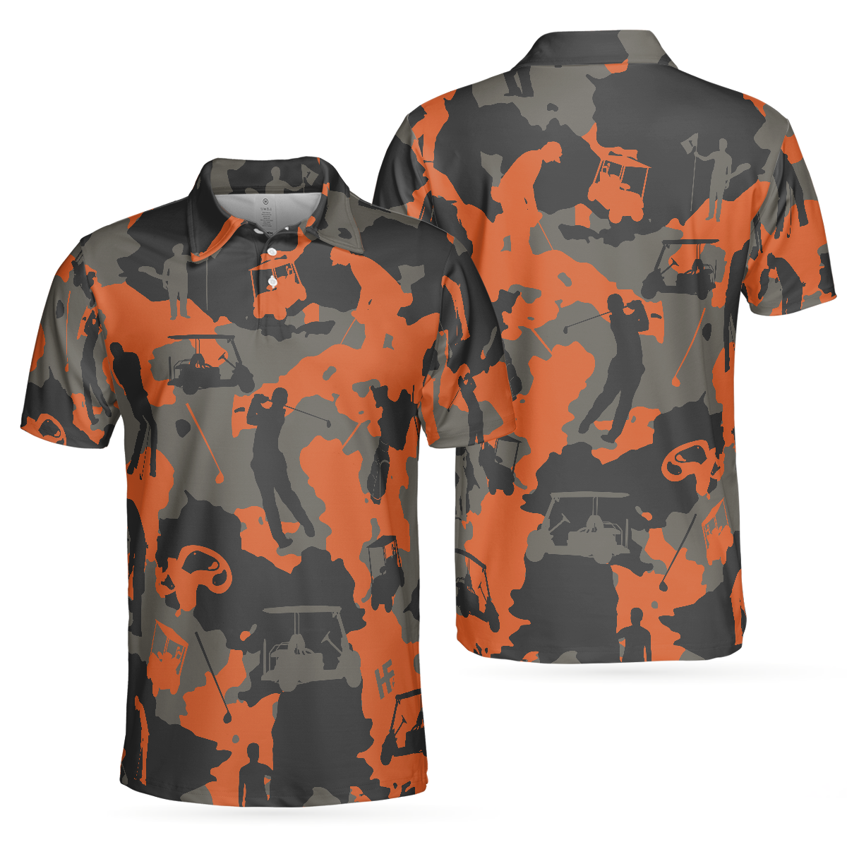 Orange Camouflage Golf Polo Shirt, Golfer Silhouette Pattern Polo Shirt, Camo Golf Shirt For Men - Hyperfavor