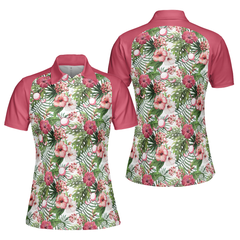 Golf Ball On Tropical Flowers Background Short Sleeve Women Polo Shirt - Hyperfavor