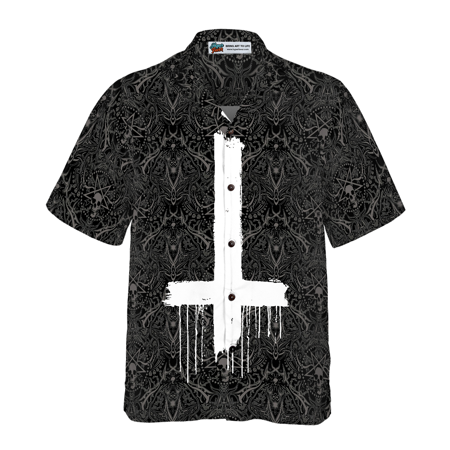 Seamless Gothic Skull Pattern Goth Inverted Cross Hawaiian Shirt - Hyperfavor