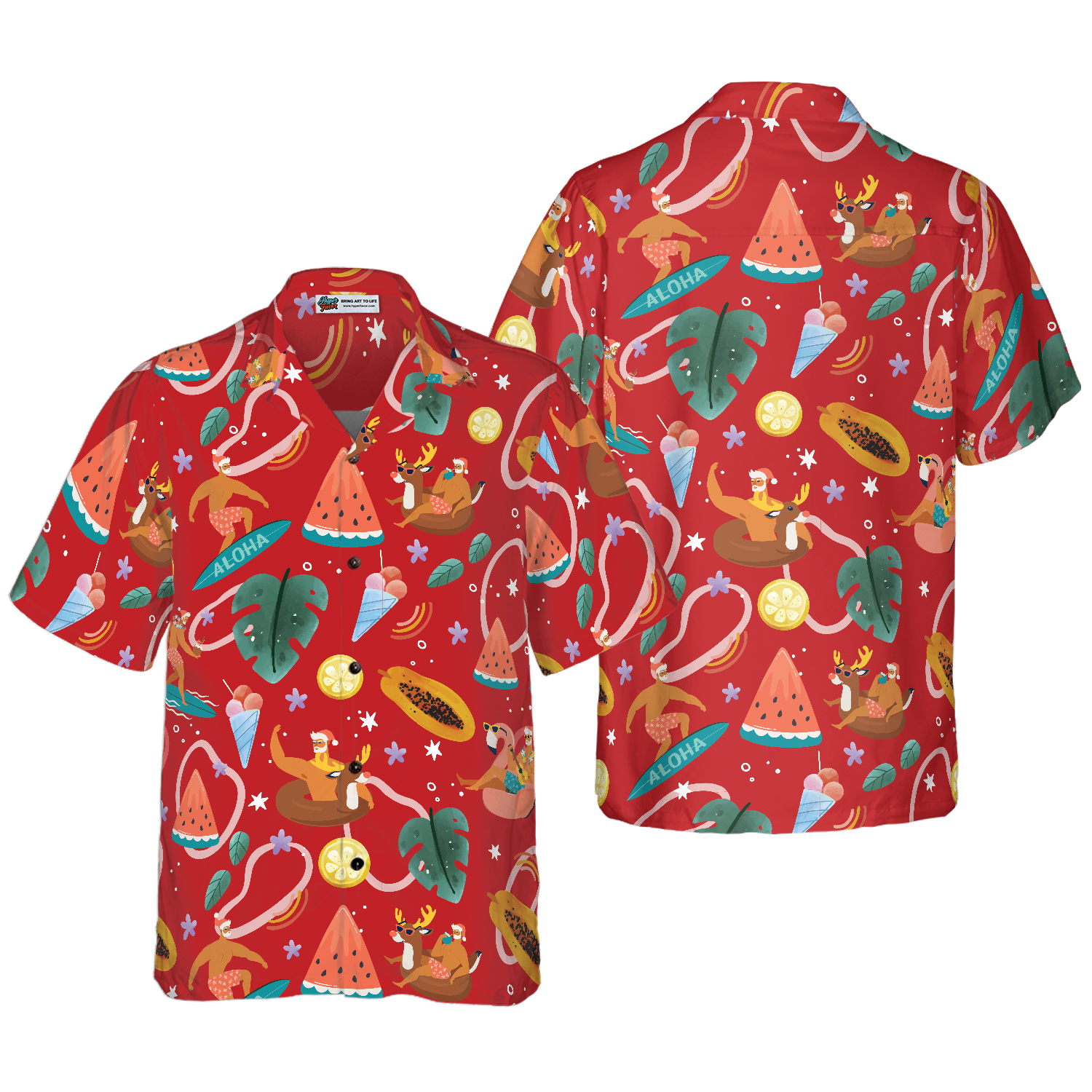 Hyperfavor Santa Surfing 3 Pattern Hawaiian shirt, Christmas Shirts Short Sleeve Button Down Shirt For Men And Women - Hyperfavor