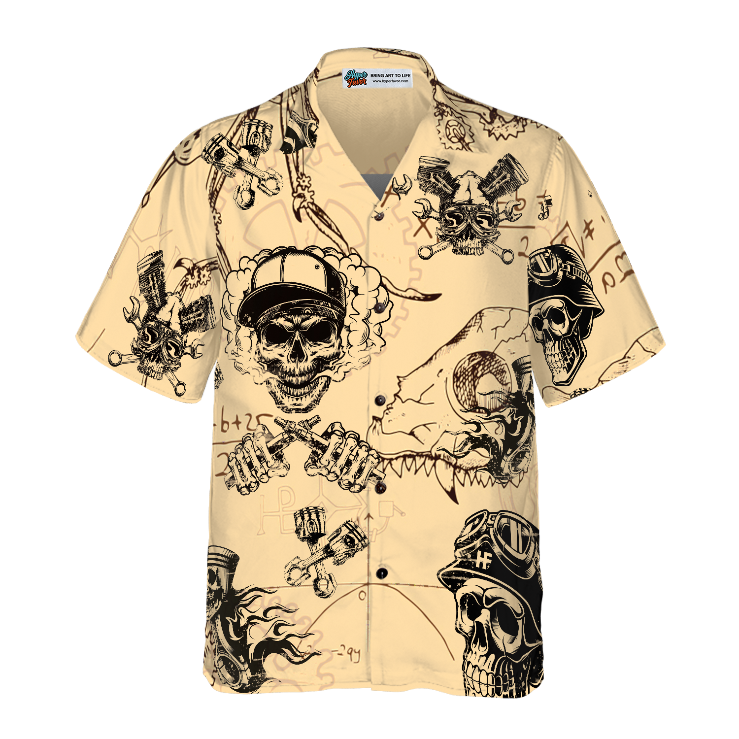 Skull On Retro Mechanism Background Hawaiian Shirt - Hyperfavor