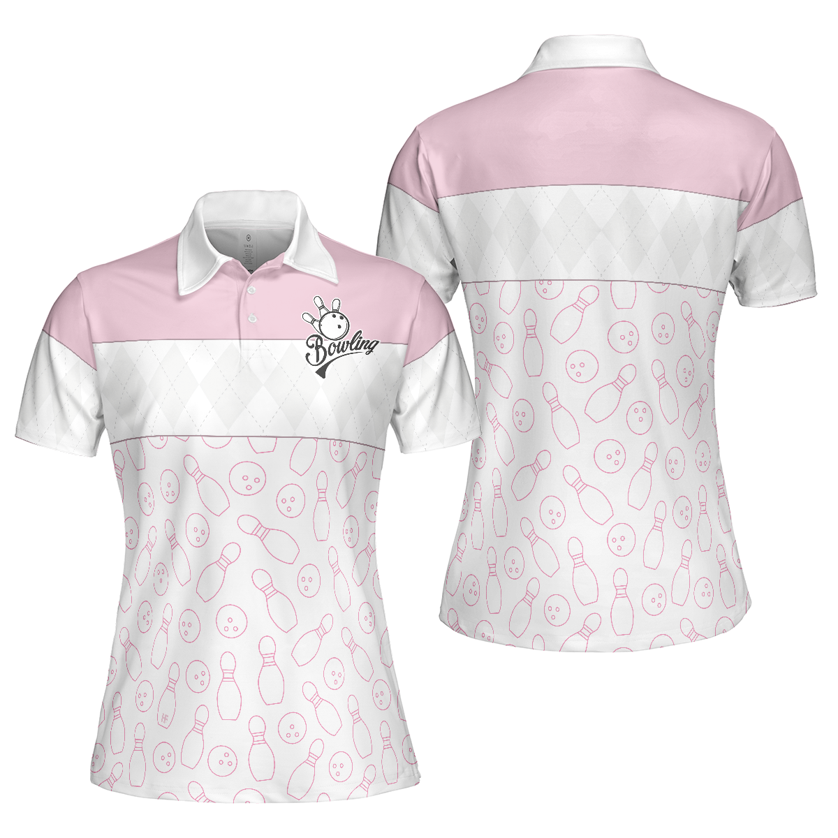 Pink Bowling Balls And Pins Pattern Bowling Short Sleeve Women Polo Shirt, White Bowling Polo Shirt For Ladies - Hyperfavor