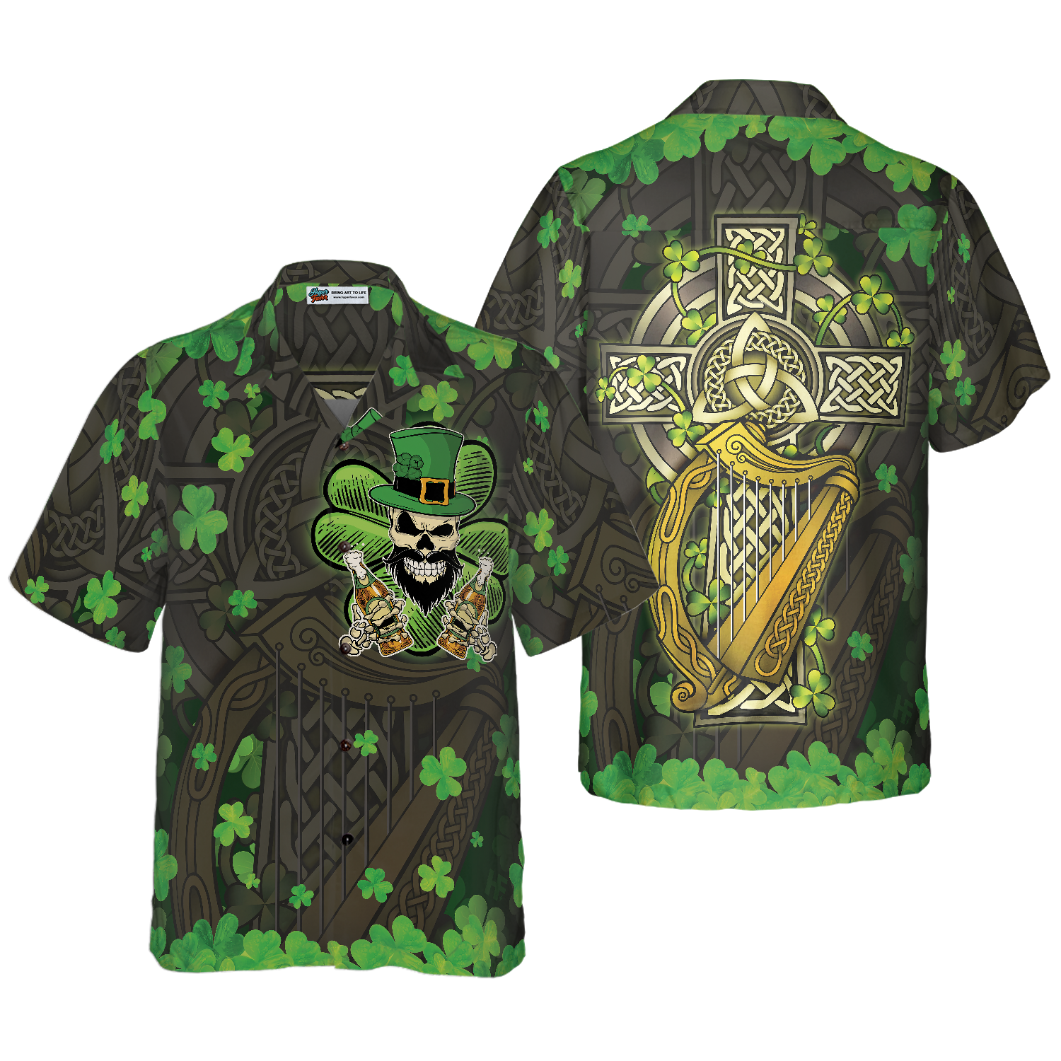 The Celtic Cross Harp Irish Skull Leprechaun Hawaiian Shirt - Hyperfavor