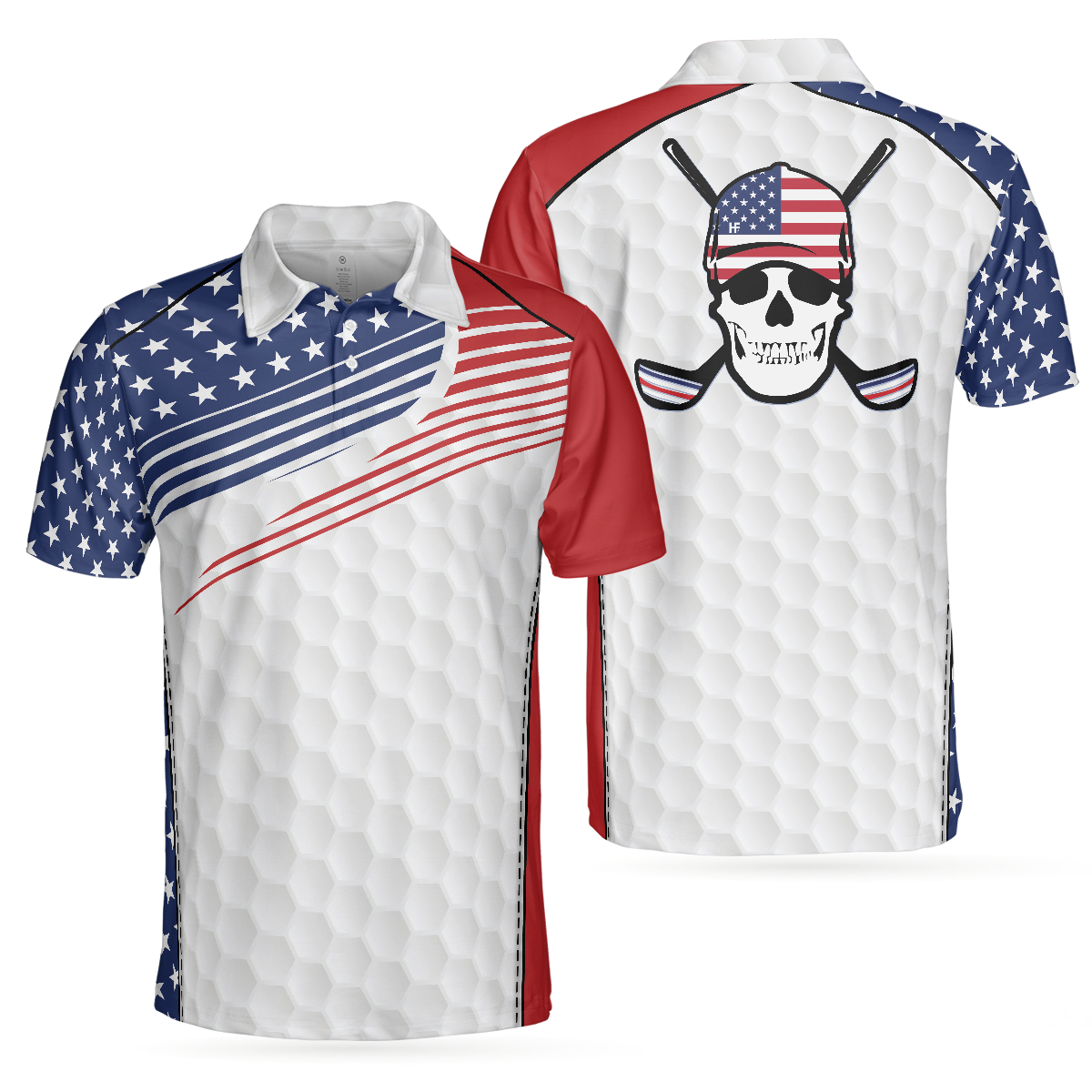 Golf Skull Wear Hat Short Sleeve USA Golf Polo Shirt, American Flag Polo Shirt, Patriotic Golf Shirt For Men - Hyperfavor