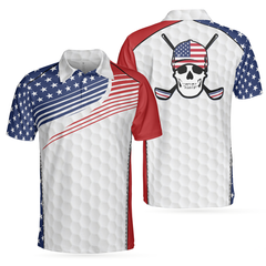 Golf Skull Wear Hat Short Sleeve USA Golf Polo Shirt, American Flag Polo Shirt, Patriotic Golf Shirt For Men - Hyperfavor