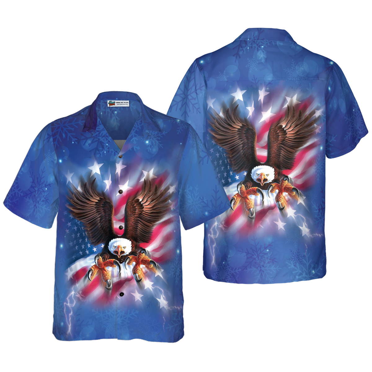 Hyperfavor Christmas Hawaiian Shirts For Men and Women, Eagle Fly With America Flag Hawaiian Shirt Button Down Shirt Short Sleeve - Hyperfavor