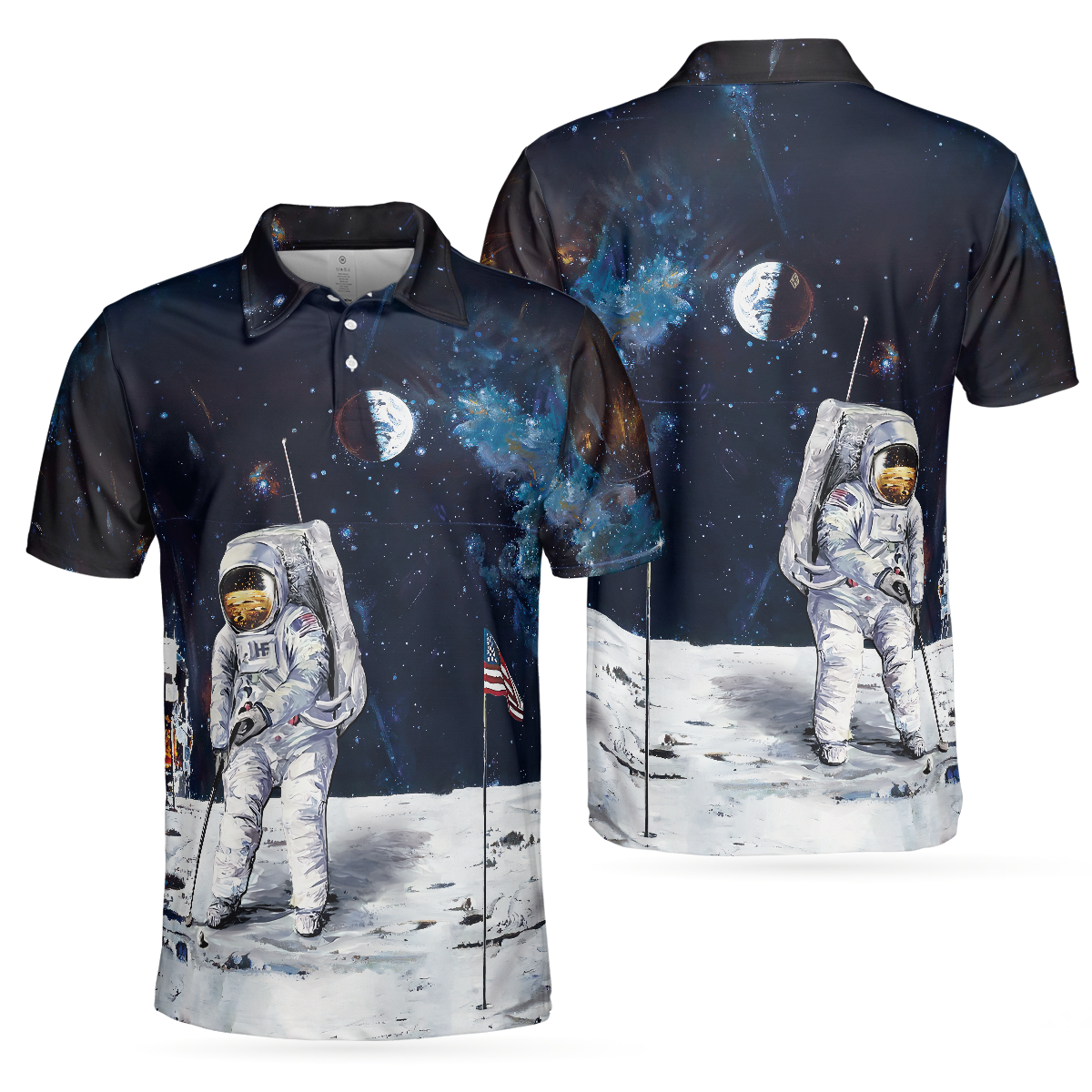 Astronaut Moon Golf Short Sleeve Polo Shirt For Golf, American Flag Polo Shirt, Best Golf Shirt For Men - Hyperfavor