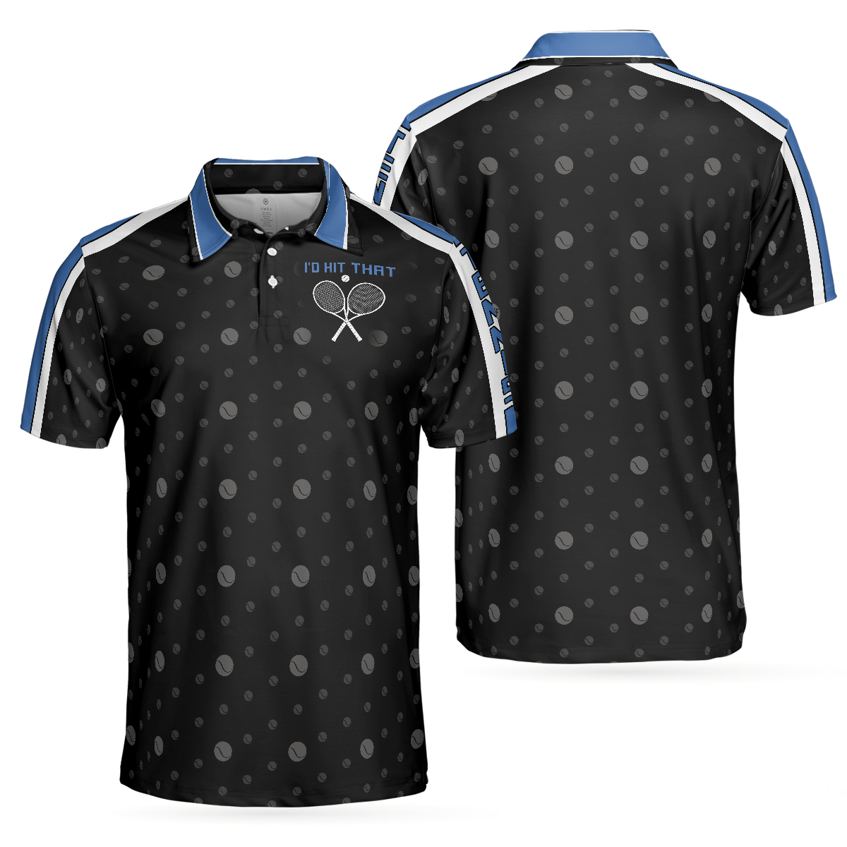 Tennis Blue Version Polo Shirt, Black Dot And Tennis Ball Pattern Polo Shirt, Best Tennis Shirt For Men - Hyperfavor