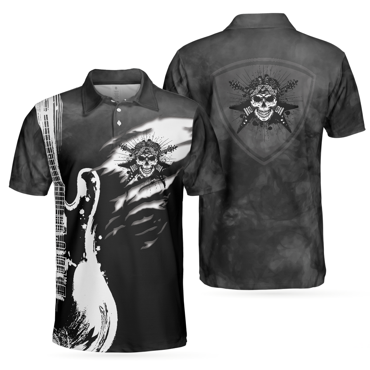 Guitar And Skull Short Sleeve Polo Shirt, Streetwear Polo Shirt, Black And White Guitar Shirt For Men - Hyperfavor