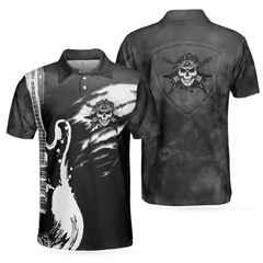 Guitar And Skull Short Sleeve Polo Shirt, Streetwear Polo Shirt, Black And White Guitar Shirt For Men - Hyperfavor