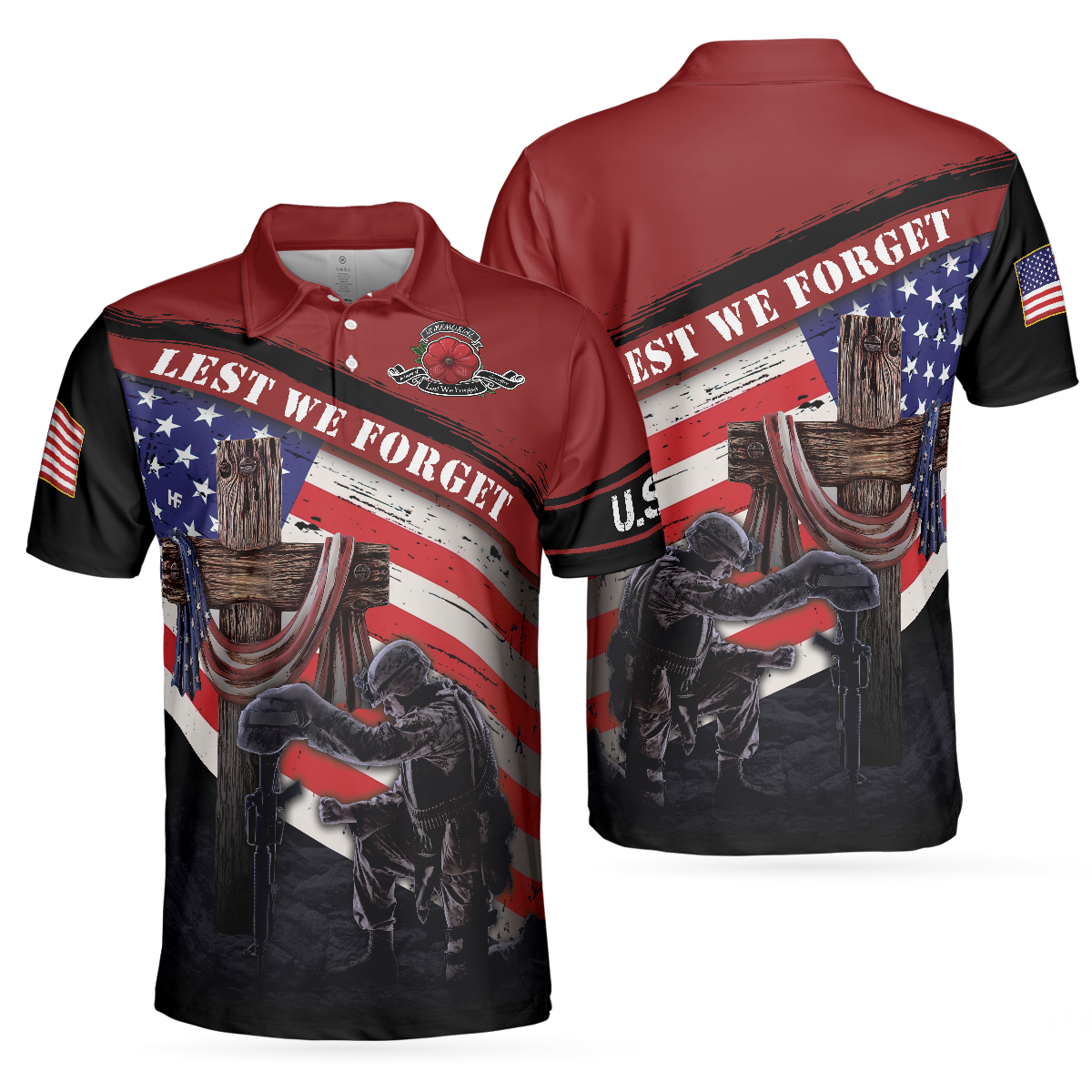 Lest We Forget With USA Flag Polo Shirt, American Flag Polo Shirt For Men, Gift Idea For Veterans - Hyperfavor