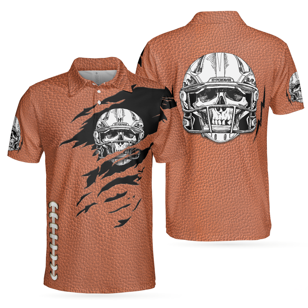 American Football Texture Short Sleeve Polo Shirt, Skull Football Player Polo Shirt, Best Football Shirt For Men - Hyperfavor