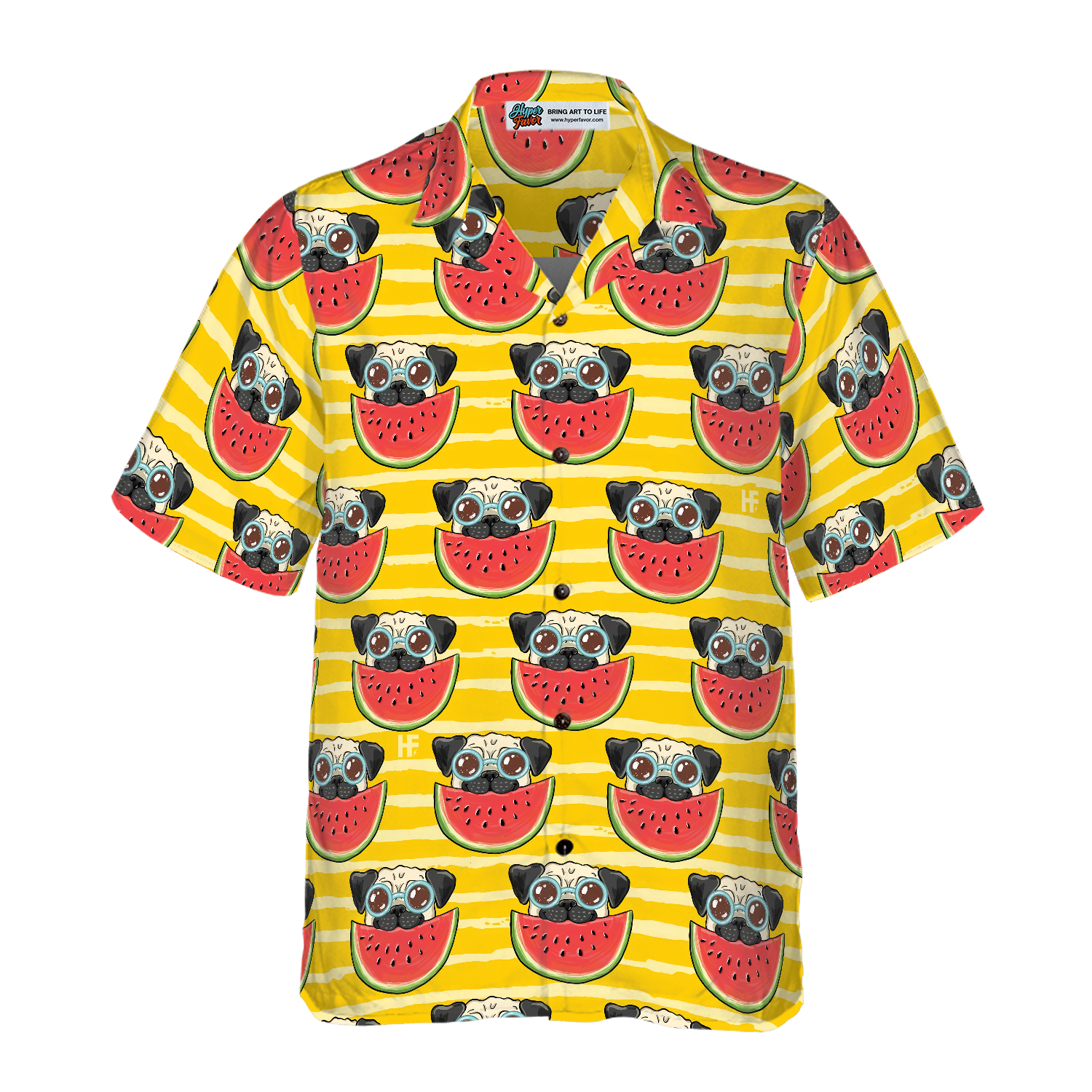 Pug Watermelon Yellow Background Hawaiian Shirt - Hyperfavor