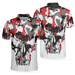 Red And White Camouflage Golf Set Skull Short Sleeve Polo Shirt, Camo Golf Shirt For Men - Hyperfavor