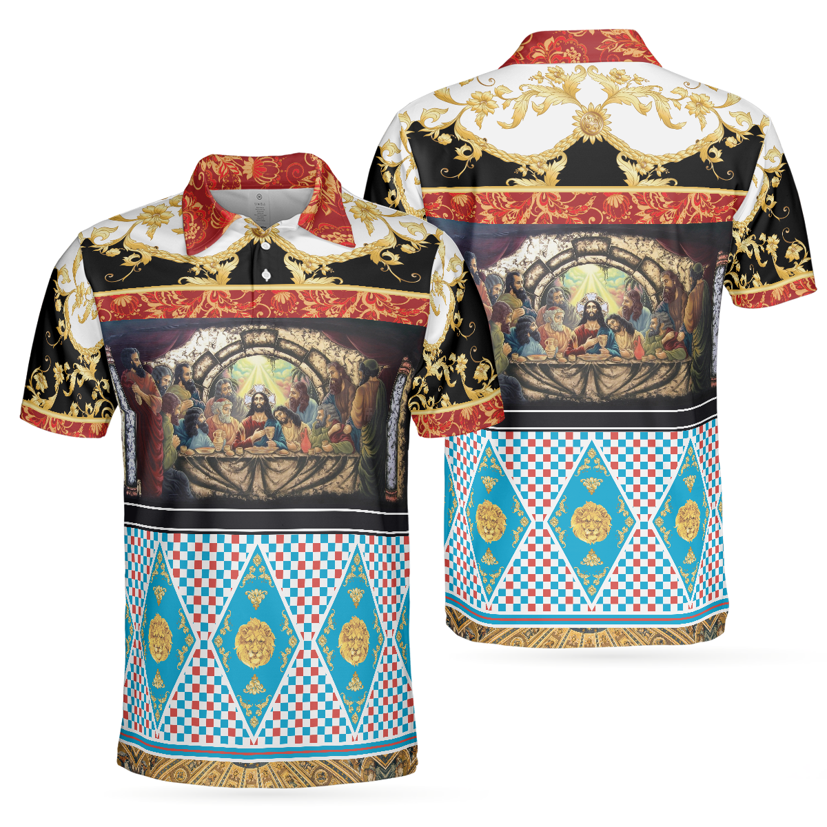 The Last Supper Renaissance Pattern Polo Shirt, Luxury Gold Brocade Pattern Christian Shirt For Men - Hyperfavor