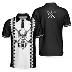 Just Golf It Skull Short Sleeve Golf Polo Shirt, Black And White Golf Shirt For Men - Hyperfavor