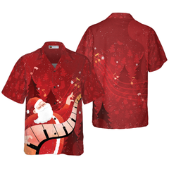 Hyperfavor Christmas Hawaiian Shirts For Men and Women, Santa Playing Piano Hawaiian Shirt Button Down Shirt Short Sleeve - Hyperfavor