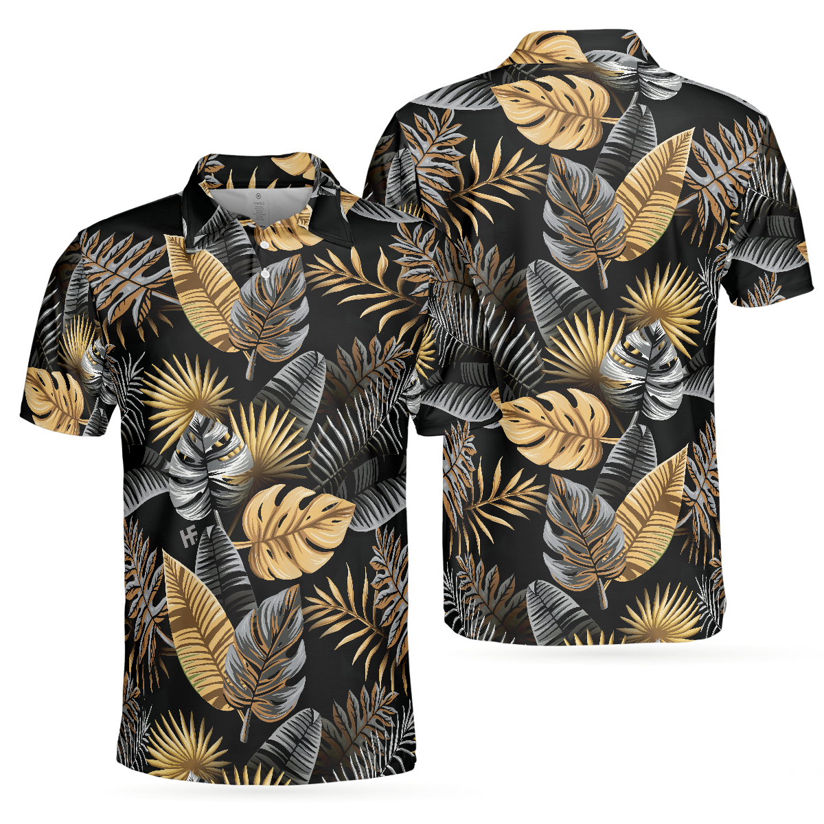 Tropical Golden Palm Leaves Pattern Polo Shirt, Tropical Leaf Polo Shirt For Adults, Summer Vibe Shirt - Hyperfavor