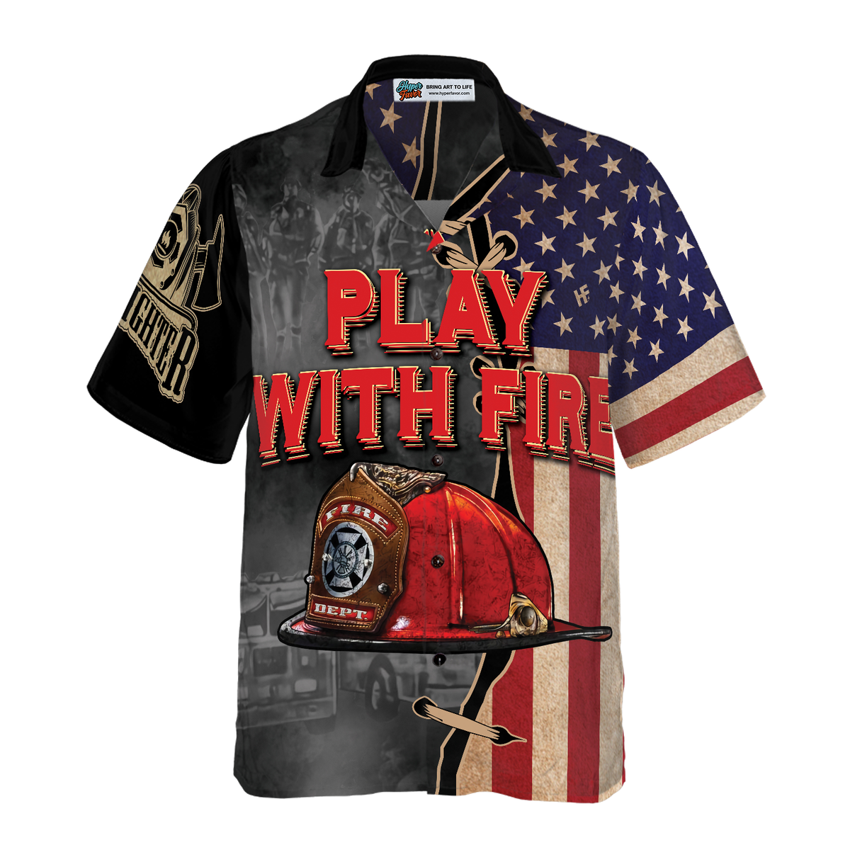 Play With Fire Firefighter Helmet American Flag Hawaiian Shirt, Black And White Fire Truck Firefighter Hawaiian Shirt - Hyperfavor