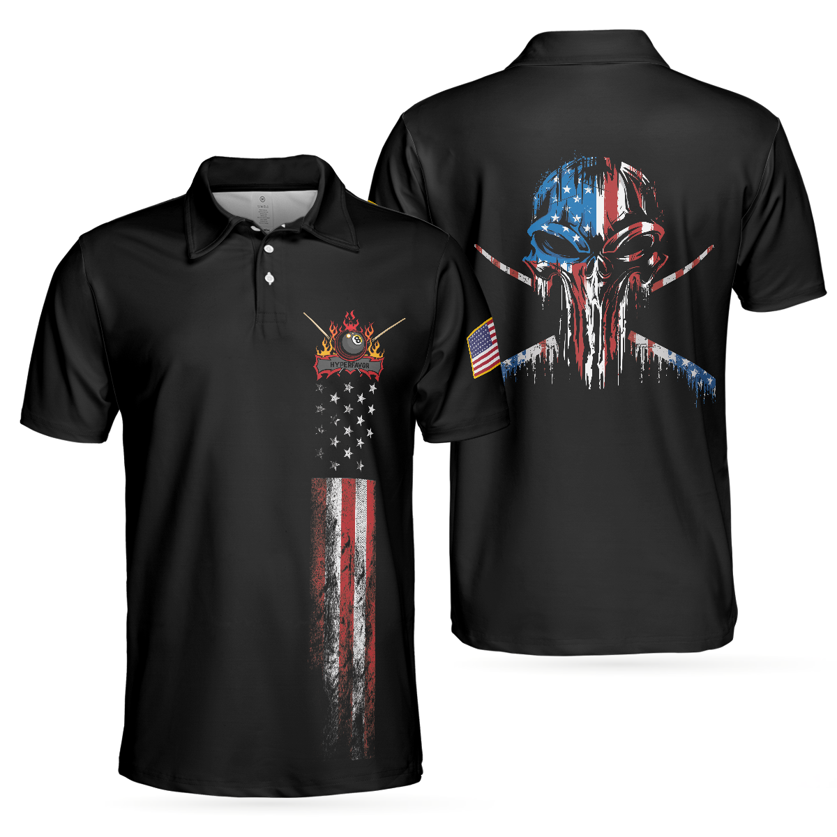 Dark Theme 8-ball Short Sleeve Wet Paint Skull Billiards Polo Shirt, American Flag Billiards Shirt For Men - Hyperfavor