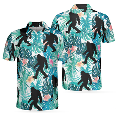 Bigfoot Tropical Short Sleeve Polo Shirt, Floral And Leaves Polo Shirt, Best Bigfoot Shirt For Men - Hyperfavor