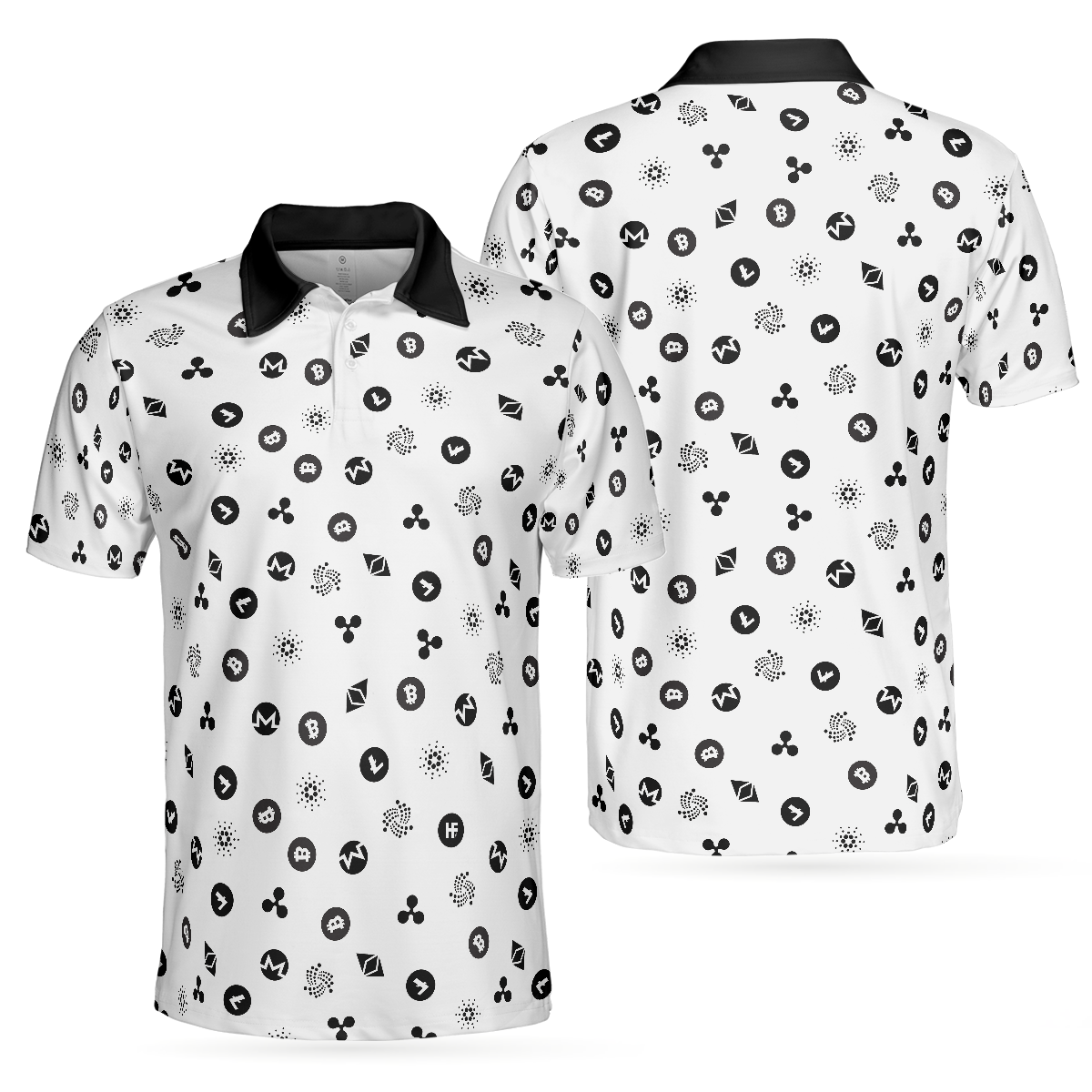 Cryptocurrency Pattern Polo Shirt, Black And White Bitcoin Polo Shirt, Best Cryptocurrency Shirt For Men - Hyperfavor