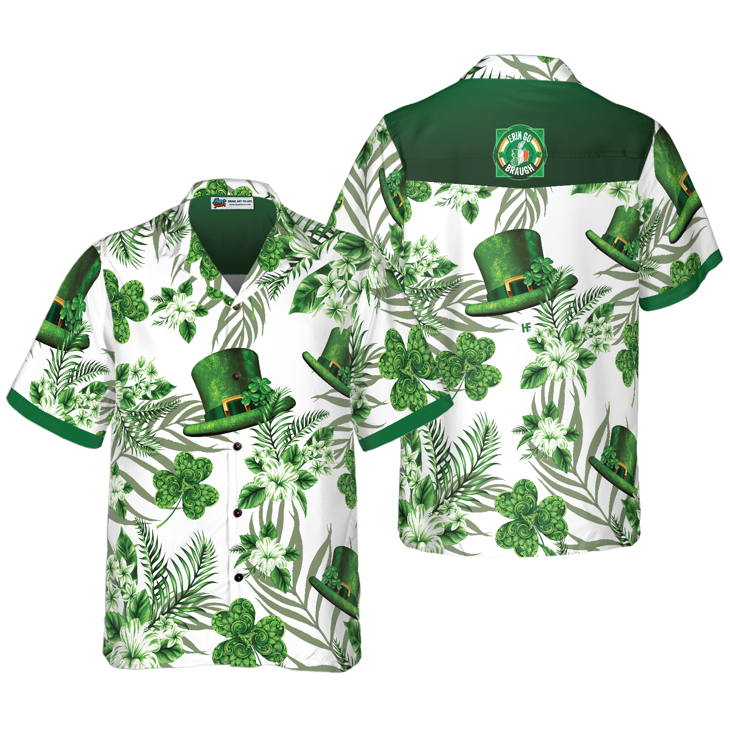 Erin Go Braugh Ireland Green Hat and Shamrock Pattern Hawaiian Shirt - Hyperfavor