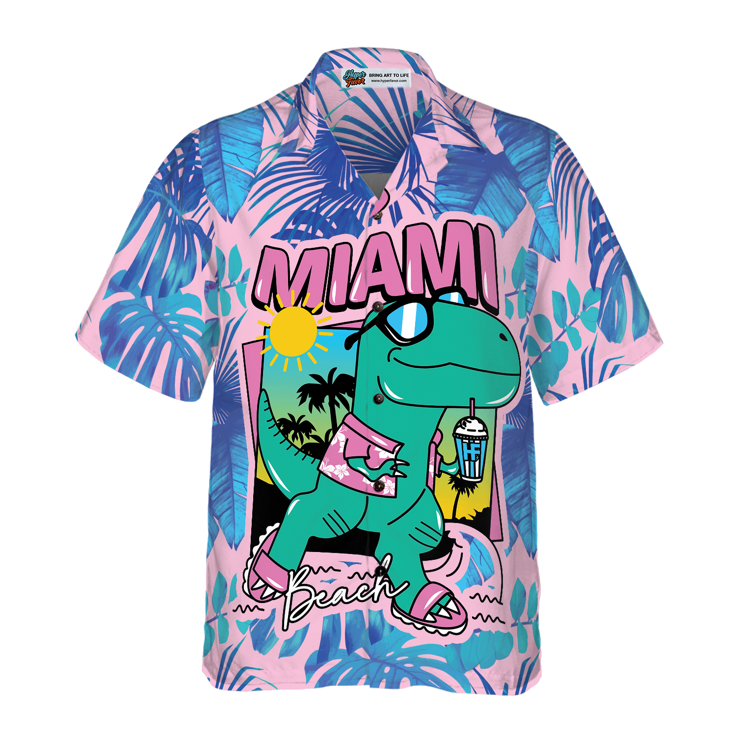 Miami South Beach Cool T- Rex Dinosaur Hawaiian Shirt - Hyperfavor