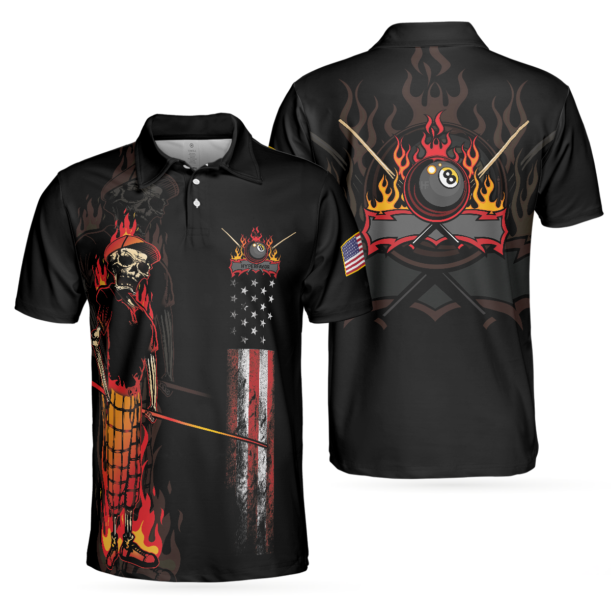 Mr Bones 8 Ball American Flag Billiards Short Sleeve Polo Shirt, Cool Skeleton Billiards Shirt For Men - Hyperfavor