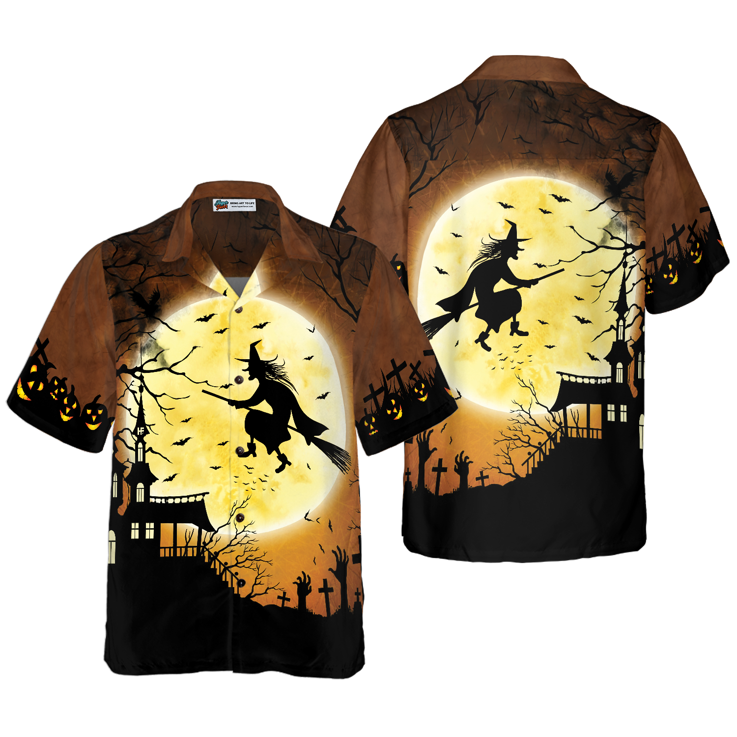 Halloween Night Flying Witch Over A Castle Hawaiian Shirt, Full Moon Pumpkin Graveyard Zombie Hawaiian Shirt For Men - Hyperfavor