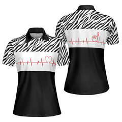 Bowling Heartbeat Zebra Pattern Short Sleeve Women Polo Shirt, Bowling Shirt For Ladies - Hyperfavor