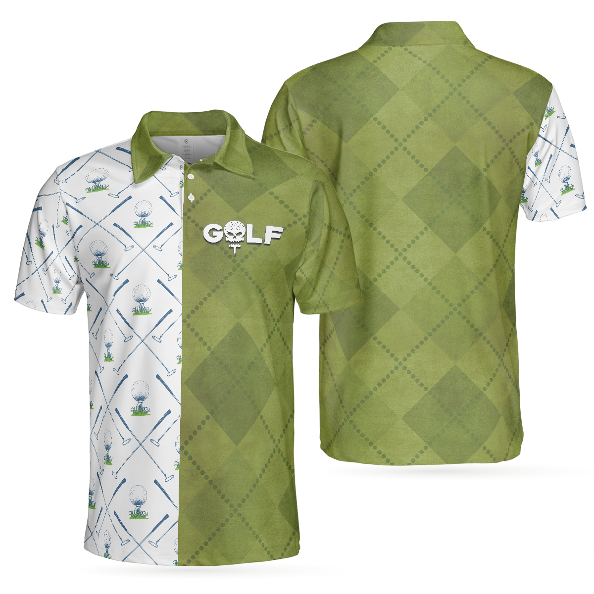 Golf Pattern Green And White Polo Shirt, Golf Club Argyle Pattern Skull Polo Shirt, Best Golf Shirt For Men - Hyperfavor