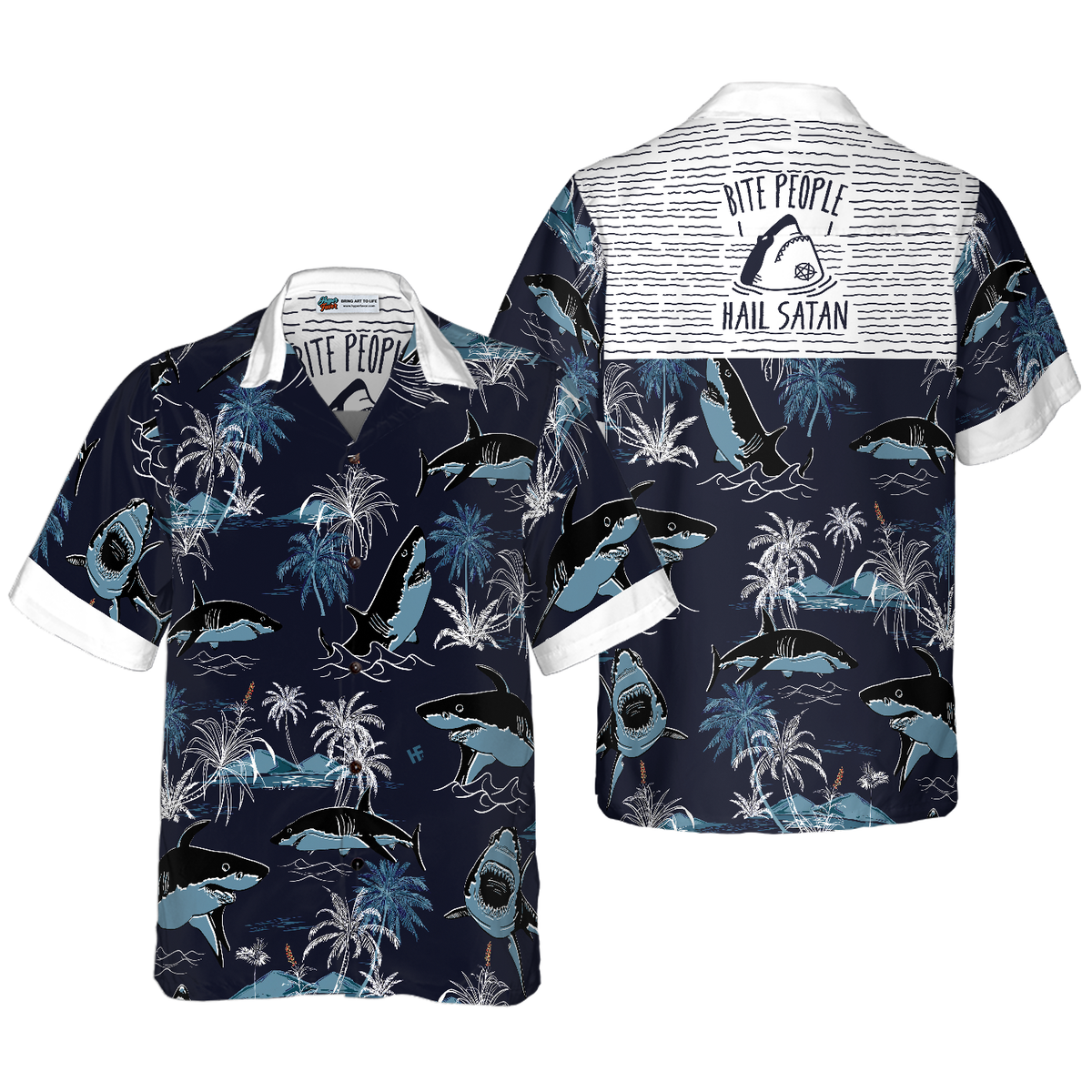 Bite People Hail Satan Shark Hawaiian Shirt - Hyperfavor