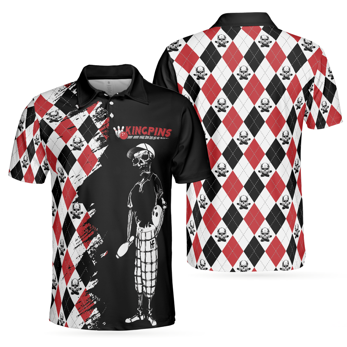 Bowling Red Black White Skull Pattern Short Sleeve Polo Shirt, Argyle Pattern Polo Shirt, Best Bowling Shirt For Men - Hyperfavor