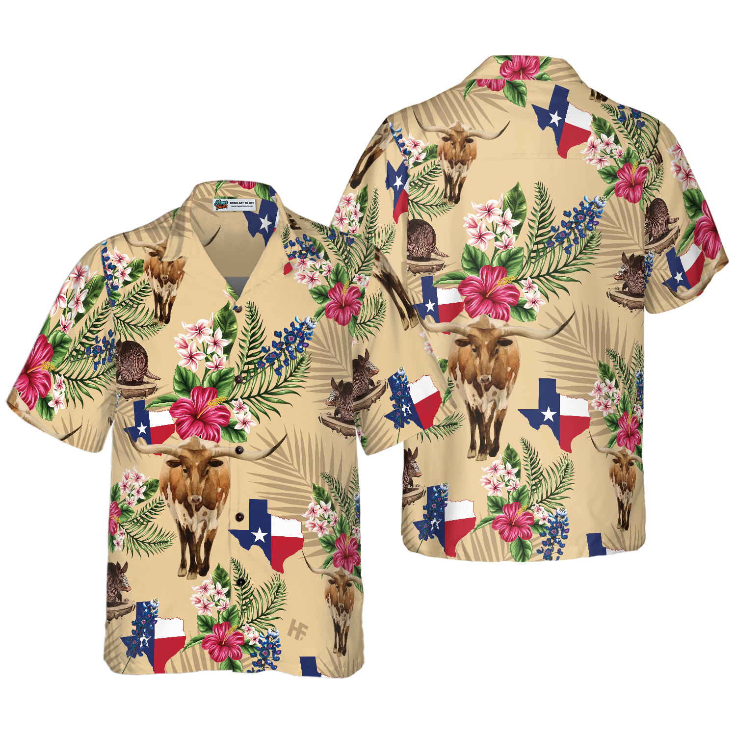 Insignia Bluebonnet Texas Hawaiian Shirt Cream Version, Don't Mess With Texas Armadillo And Longhorn, Texas Home Shirt For Men - Hyperfavor