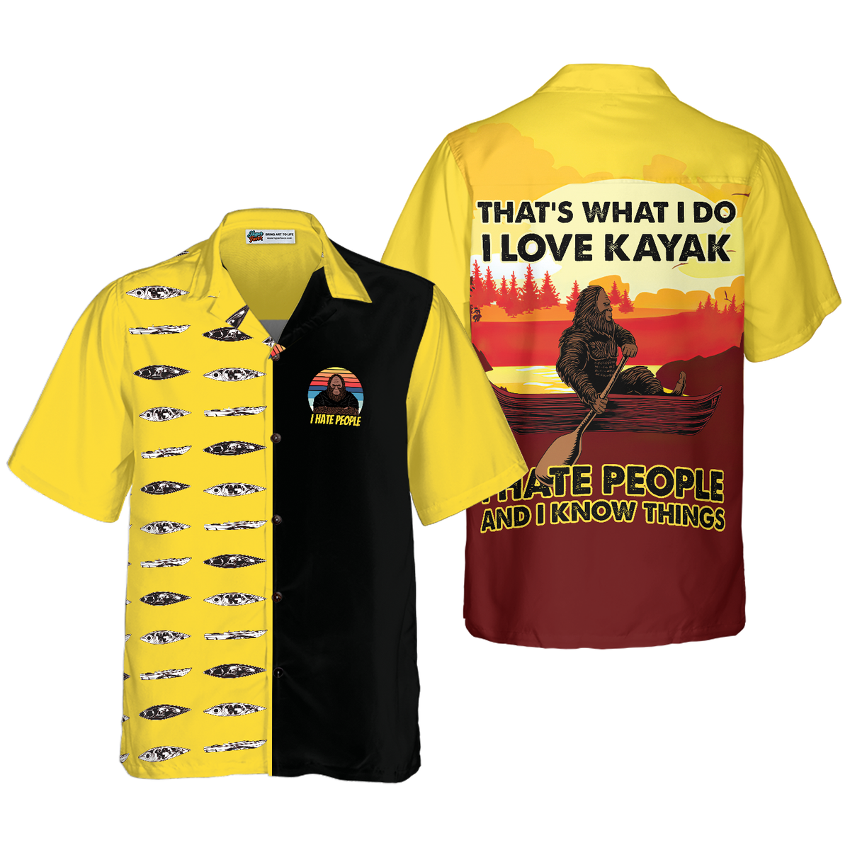 Bigfoot Darryl Love Kayak & Hate People Bigfoot Hawaiian Shirt, Dawn Palette Black And Yellow Kayaking Bigfoot Shirt For Men - Hyperfavor