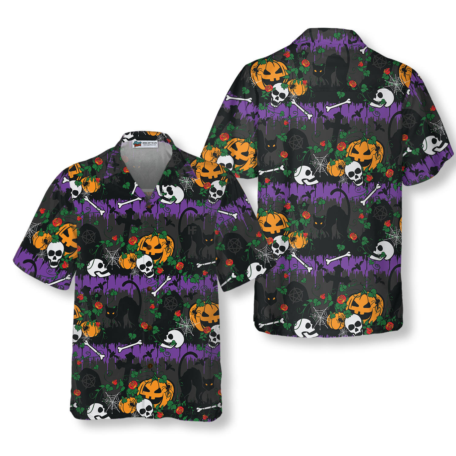 Halloween Pumpkin And Black Cats Hawaiian Shirt - Hyperfavor