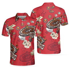 Casino Pattern Red Short Sleeve Polo Shirt, Roulette Wheel Polo Shirt, Best Casino Shirt For Men - Hyperfavor