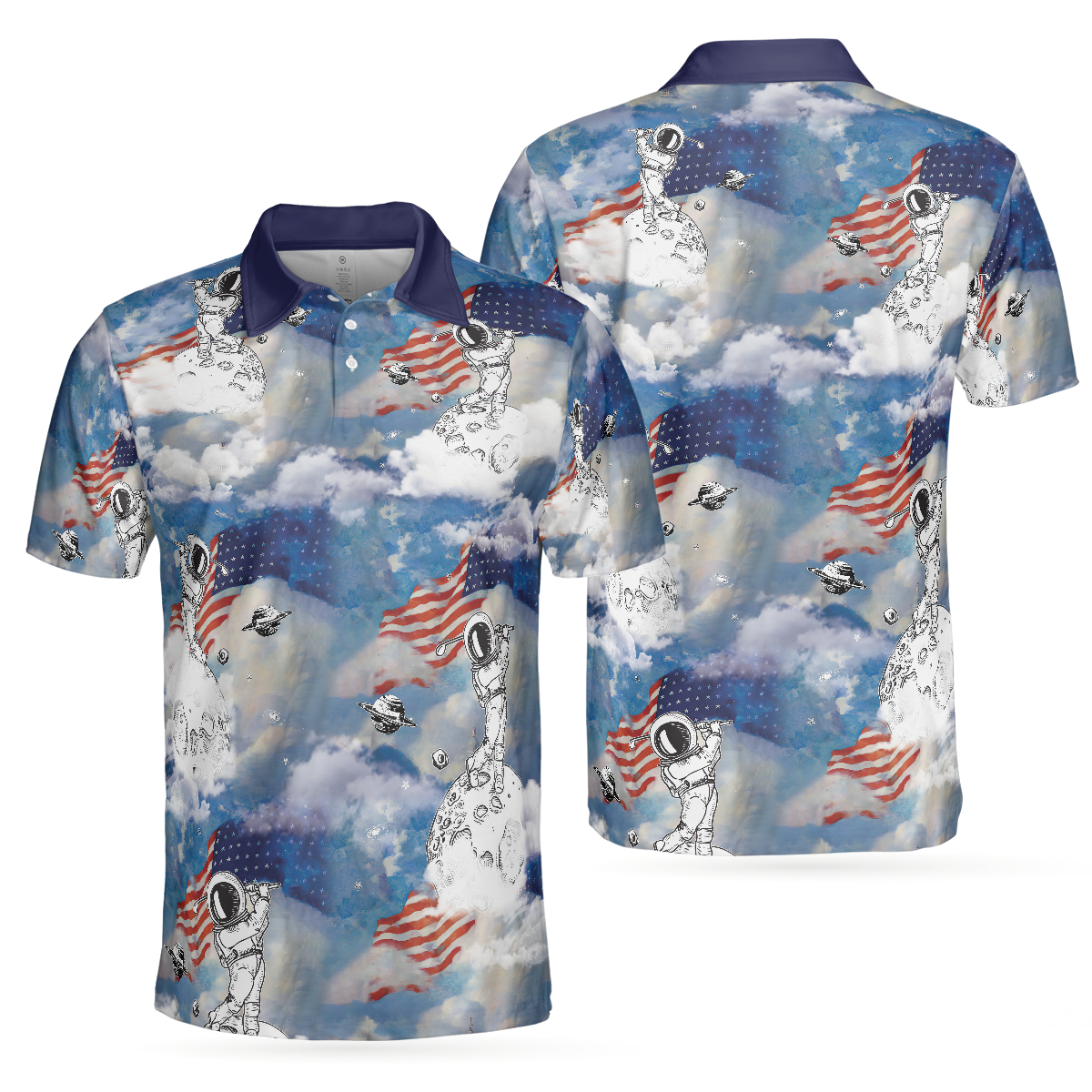 Astronaut Plays Golf In Space American Flag Polo Shirt, Cloud Golfing Polo Shirt, Best Golf Shirt For Men - Hyperfavor