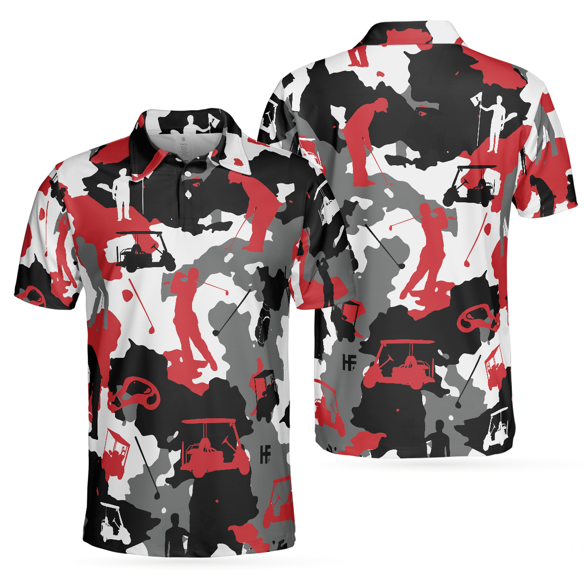 Red And White Camouflage Golf Short Sleeve Polo Shirt, Golfer Silhouette Polo Shirt, Camo Golf Shirt For Men - Hyperfavor