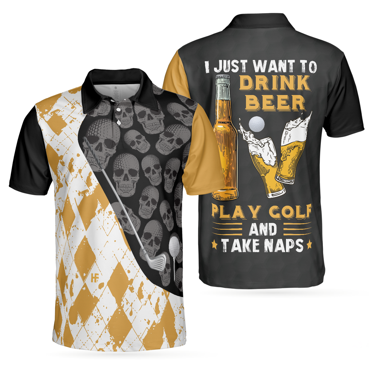 I Just Want To Drink Beer Play Golf And Take Naps Polo Shirt, Yellow Argyle Pattern Golfing Shirt For Male Players - Hyperfavor