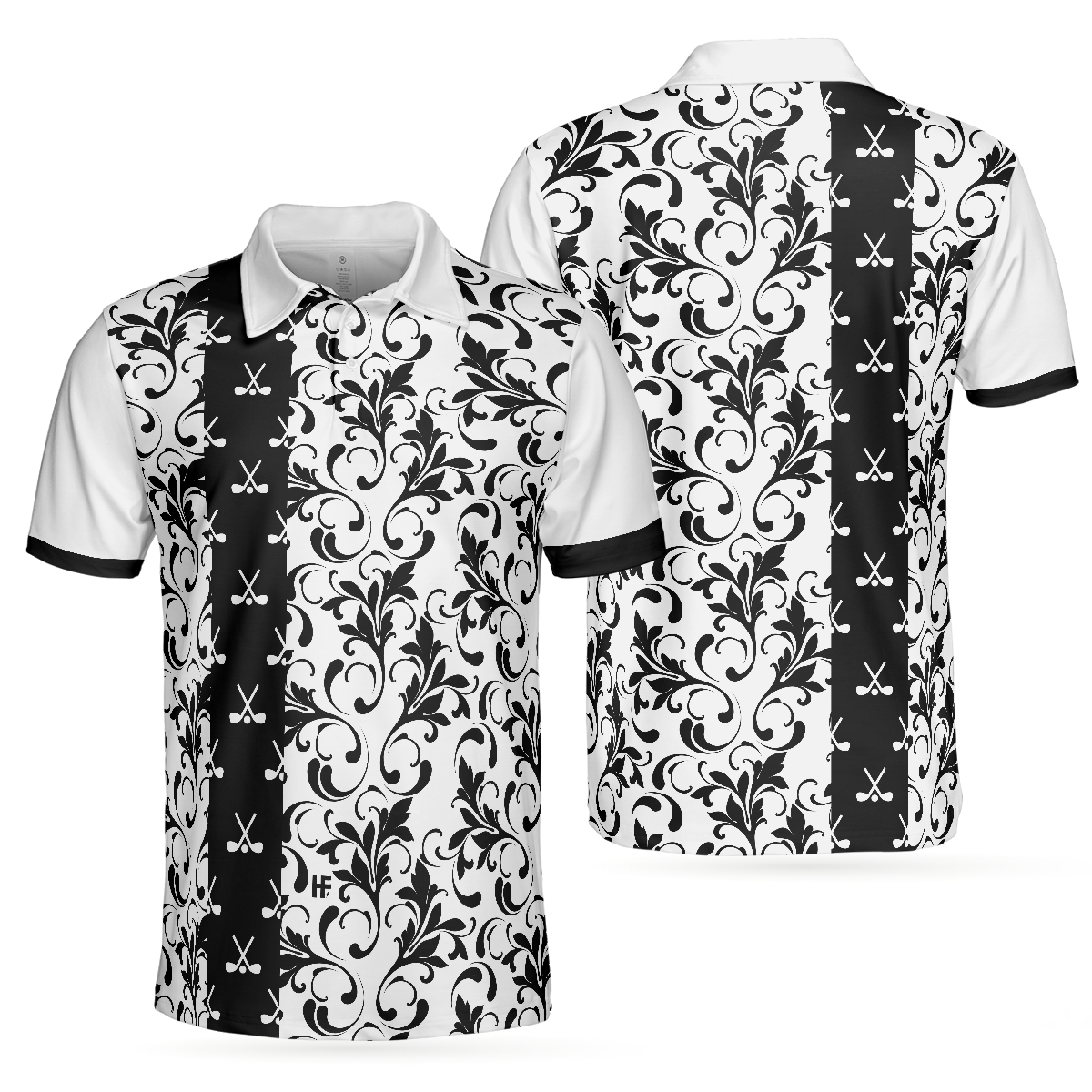 Floral Golf Pattern In White Polo Shirt, Black And White Polo Shirt, Floral Golf Shirt For Men - Hyperfavor