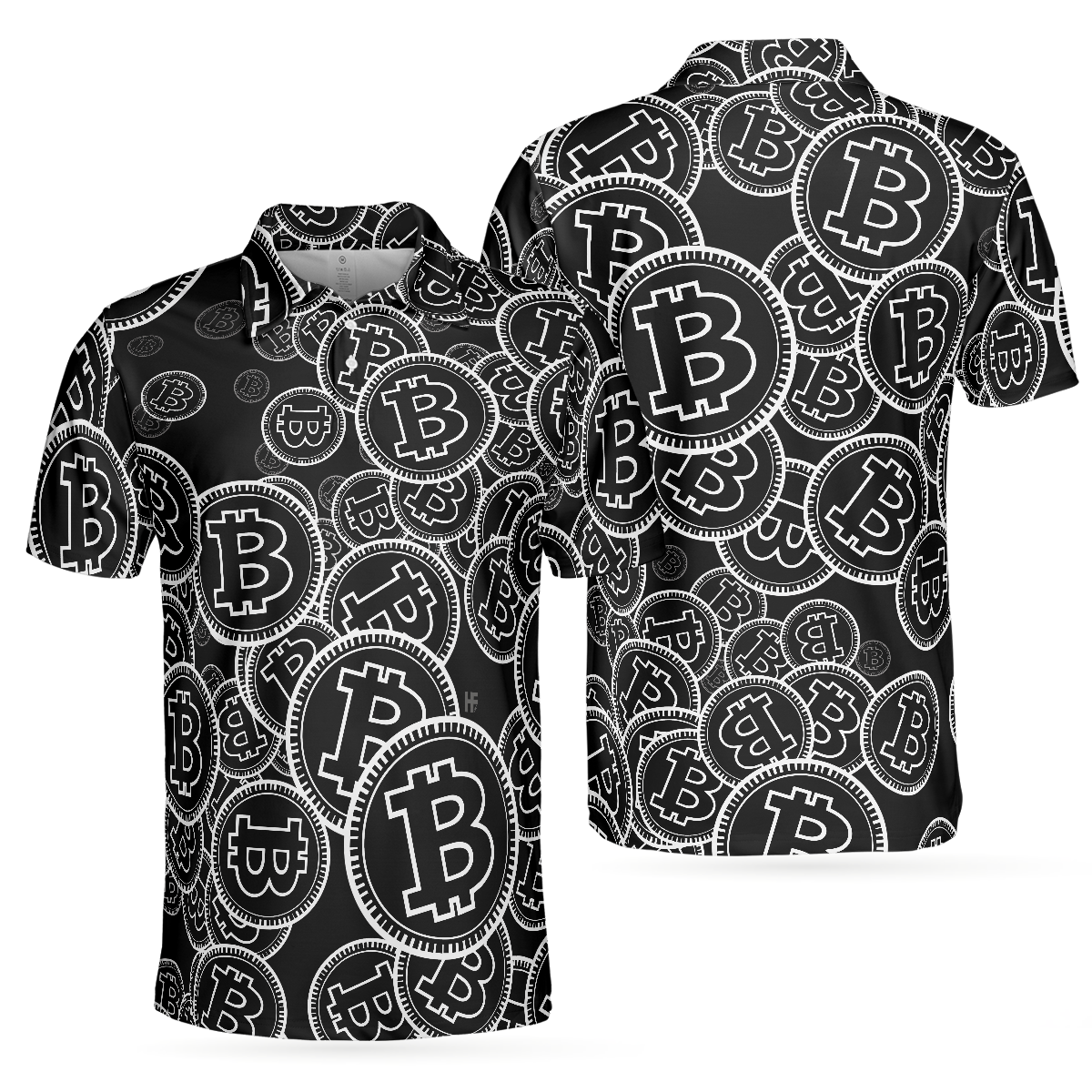 Digital Bitcoin Crypto Polo Shirt, Cool Cryptocurrency Short Sleeve Shirt, Black And White Bitcoin Polo - Hyperfavor