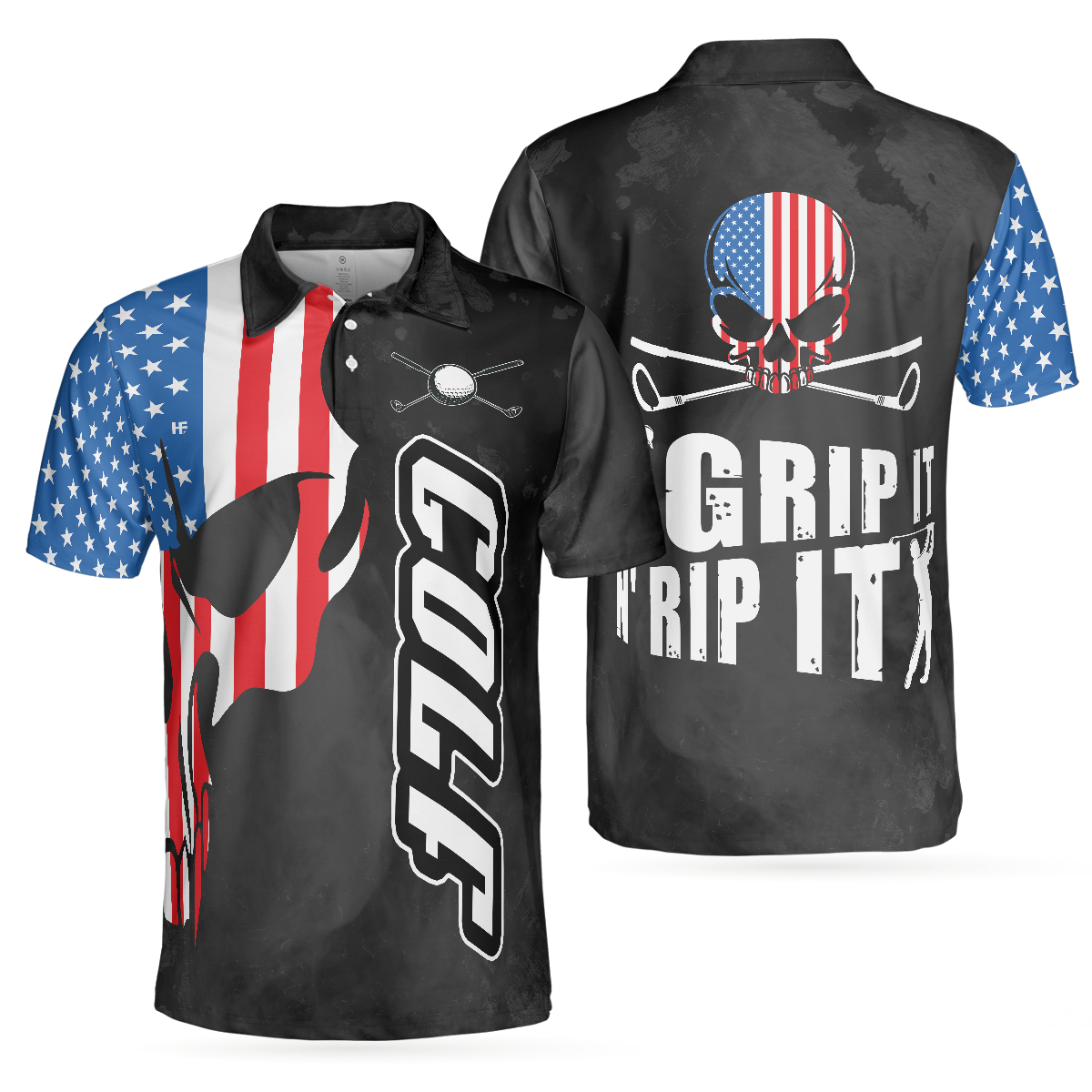 Grip It N' Rip It Skull Golf With American Flag Golf Polo Shirt, Cool Golf Shirt Design For Male Players - Hyperfavor