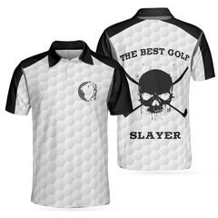 The Best Golf Slayer Wet Ink Skull Polo Shirt, Black Shoulder White Golf Pattern Polo Shirt, Best Golf Shirt For Men - Hyperfavor