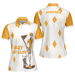 Crazy Golf Lady Short Sleeve Women Polo Shirt, White And Yellow Golf Shirt For Ladies, Funny Female Golf Gift - Hyperfavor