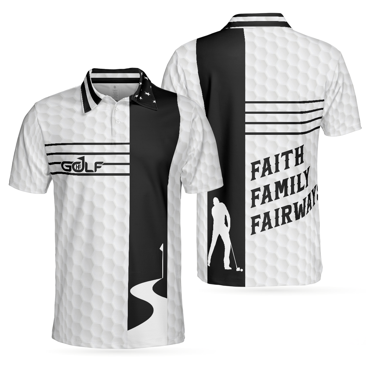 Faith Family Fairways American Flag Golf Polo Shirt, Black And White Golf Shirt For Men - Hyperfavor