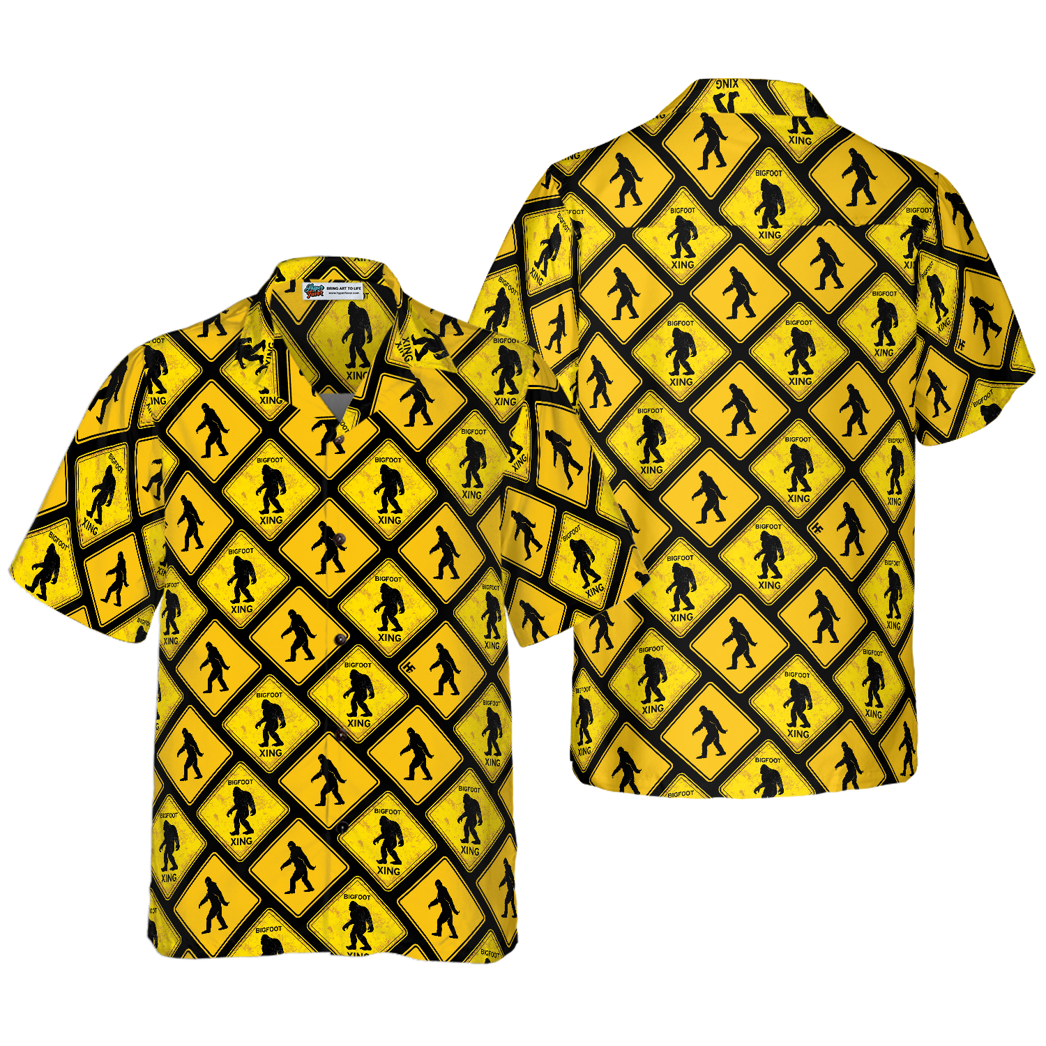 Bigfoot Yellow Square Bigfoot Hawaiian Shirt, Diamond Pattern Caution Signs Bigfoot Shirt For Men - Hyperfavor