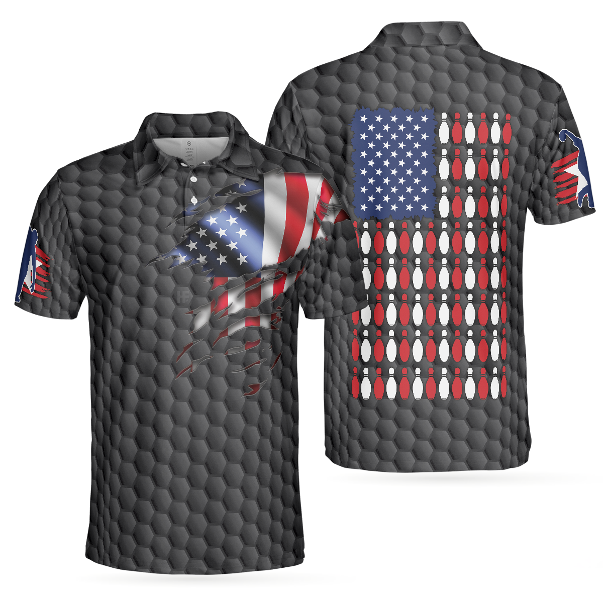 Bowling Pin American Flag Polo Shirt, Black Ten Pin Bowling Polo Shirt, Bowling Gift Idea For Bowlers - Hyperfavor