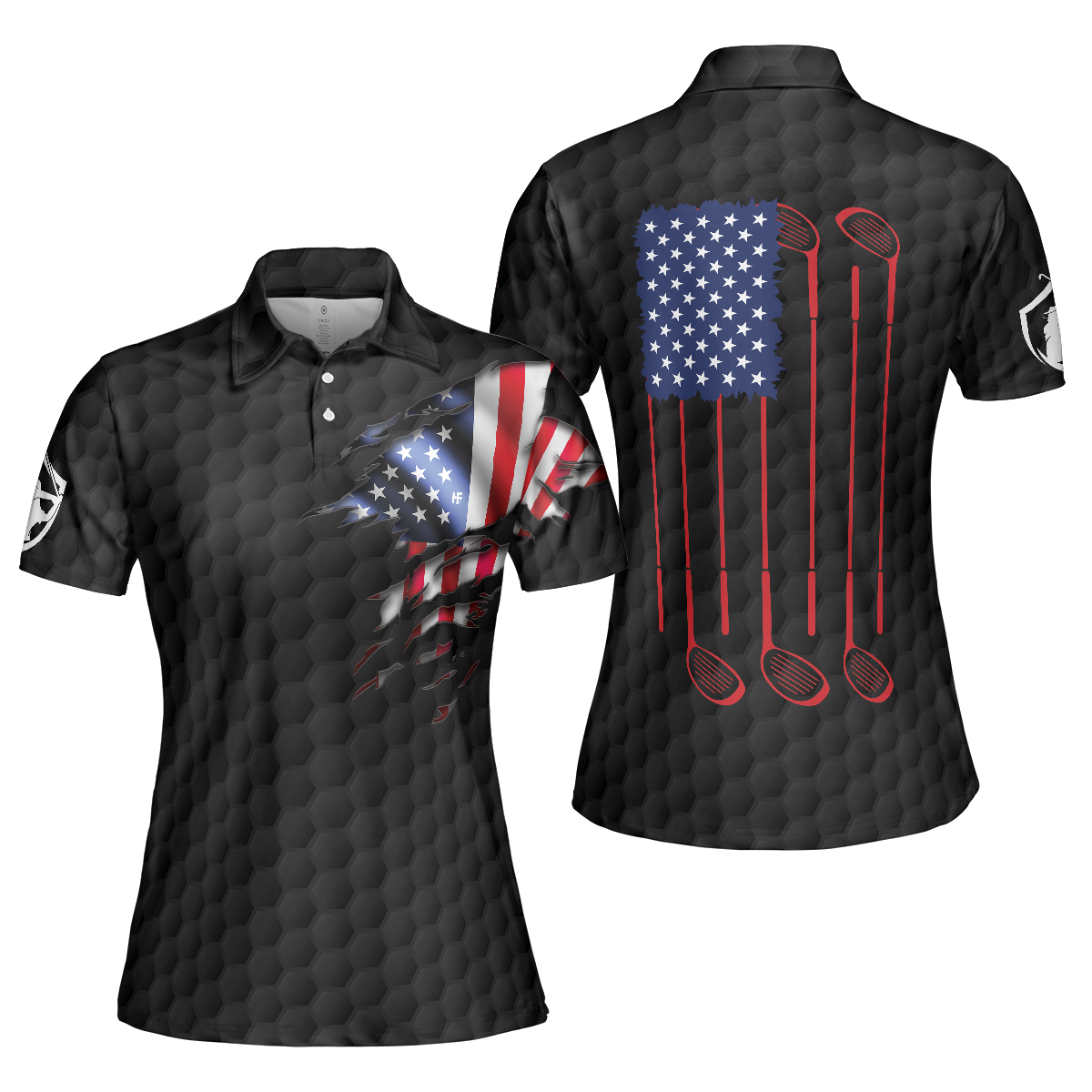 American Women Golfer Black Version Golf Short Sleeve Women Polo Shirt, American Flag Ladies Golf Shirt - Hyperfavor